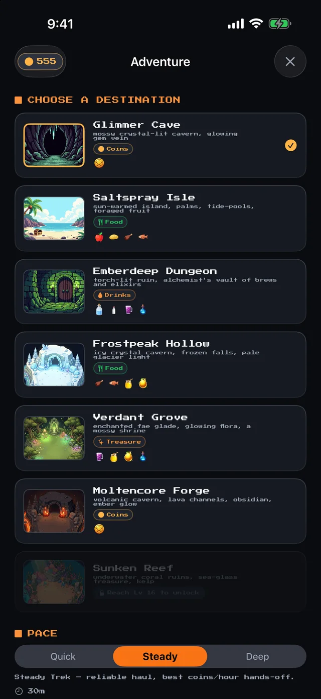 Adventure screen listing destinations like Glimmer Cave and Saltspray Isle