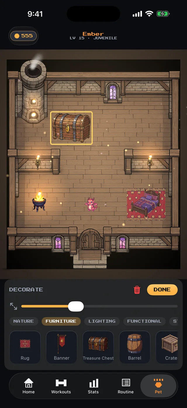 Lair decorating mode with furniture such as a rug, banner and treasure chest