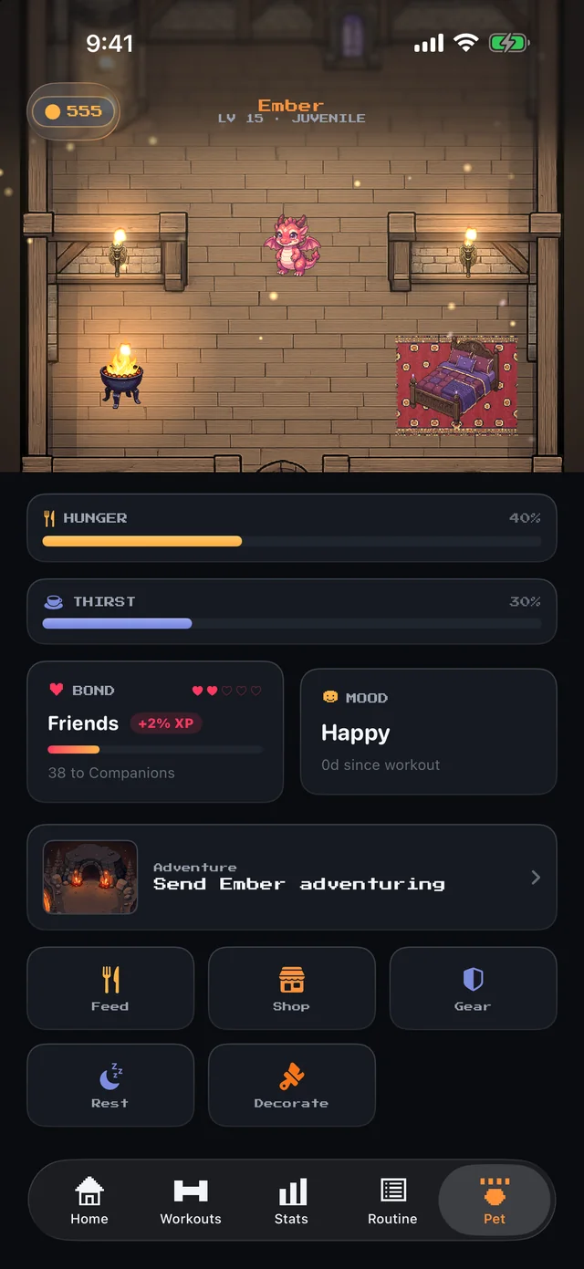 The companion's lair with hunger, thirst, bond and mood meters