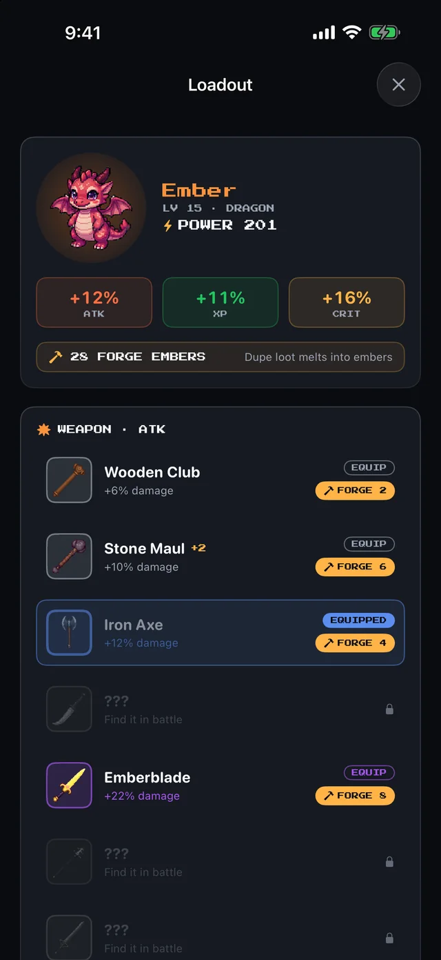 Loadout screen with weapons, damage bonuses and forge embers