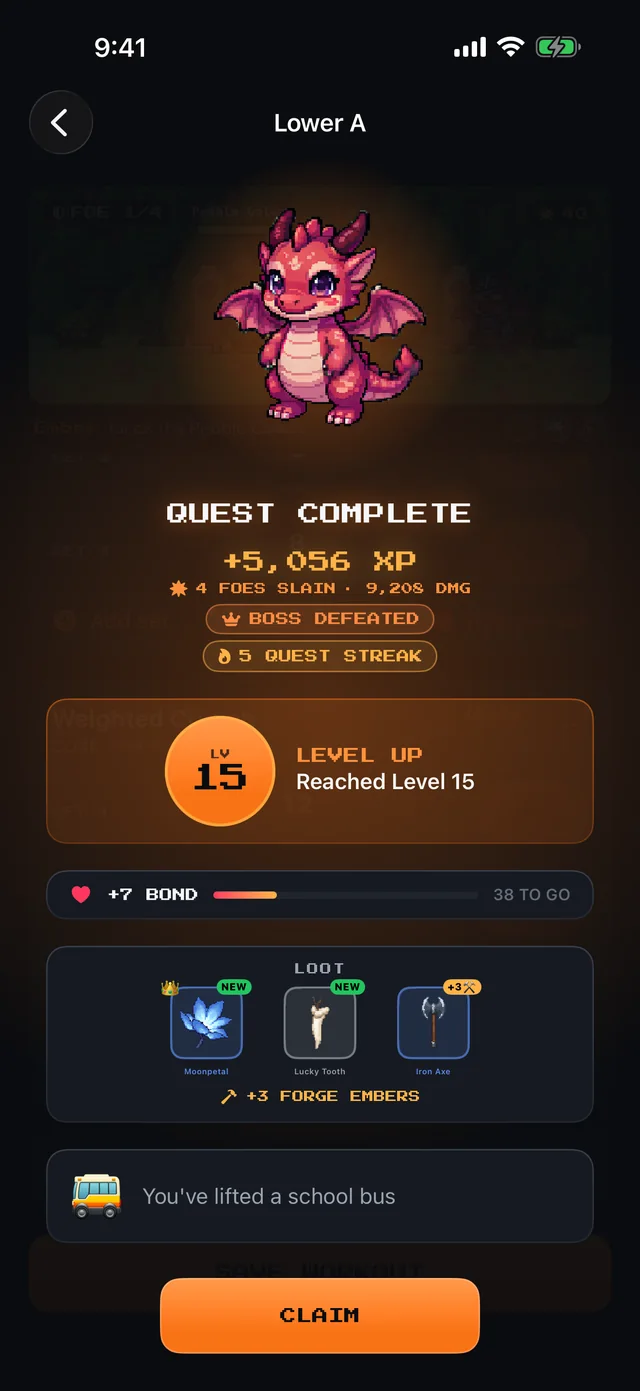 Quest complete screen showing XP earned, a level up, and loot