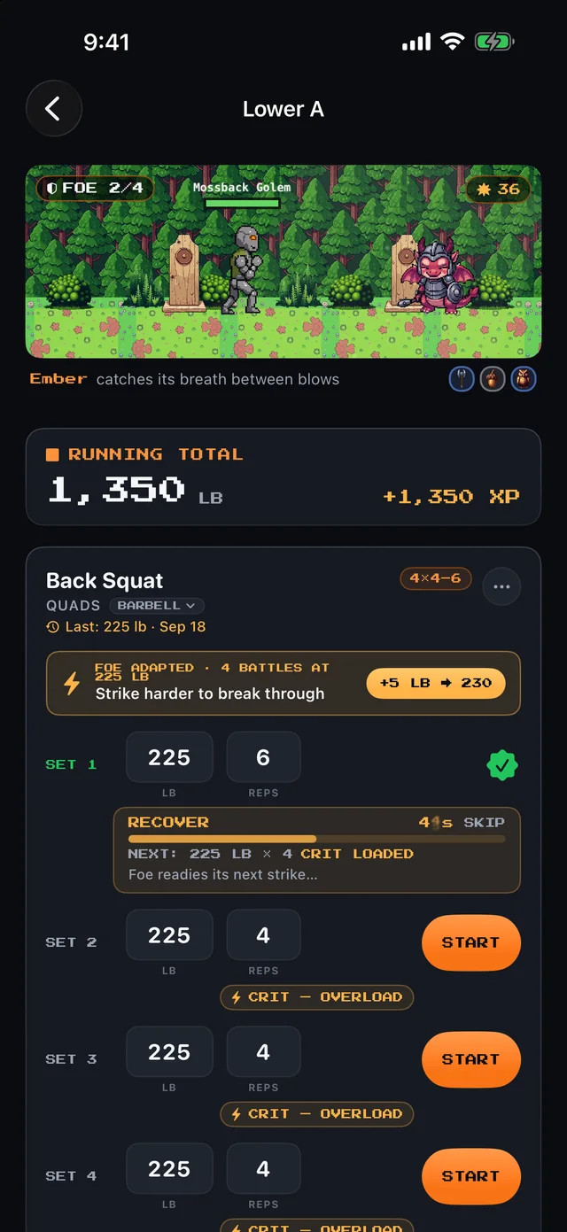 Workout screen with a rest timer and a prompt to add 5 lb for a critical hit